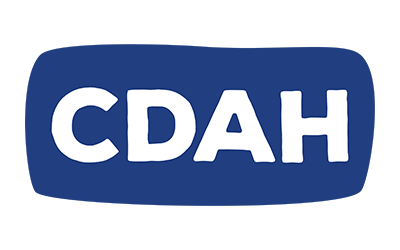 The text "CDAH" appears in white, bold letters inside a dark blue, rounded rectangular background.