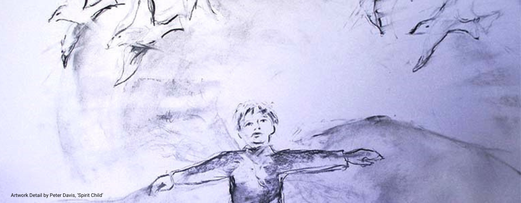 Drawing of a child with birds in the sky. Artwork by Peter Davis, 'Spirit Child'