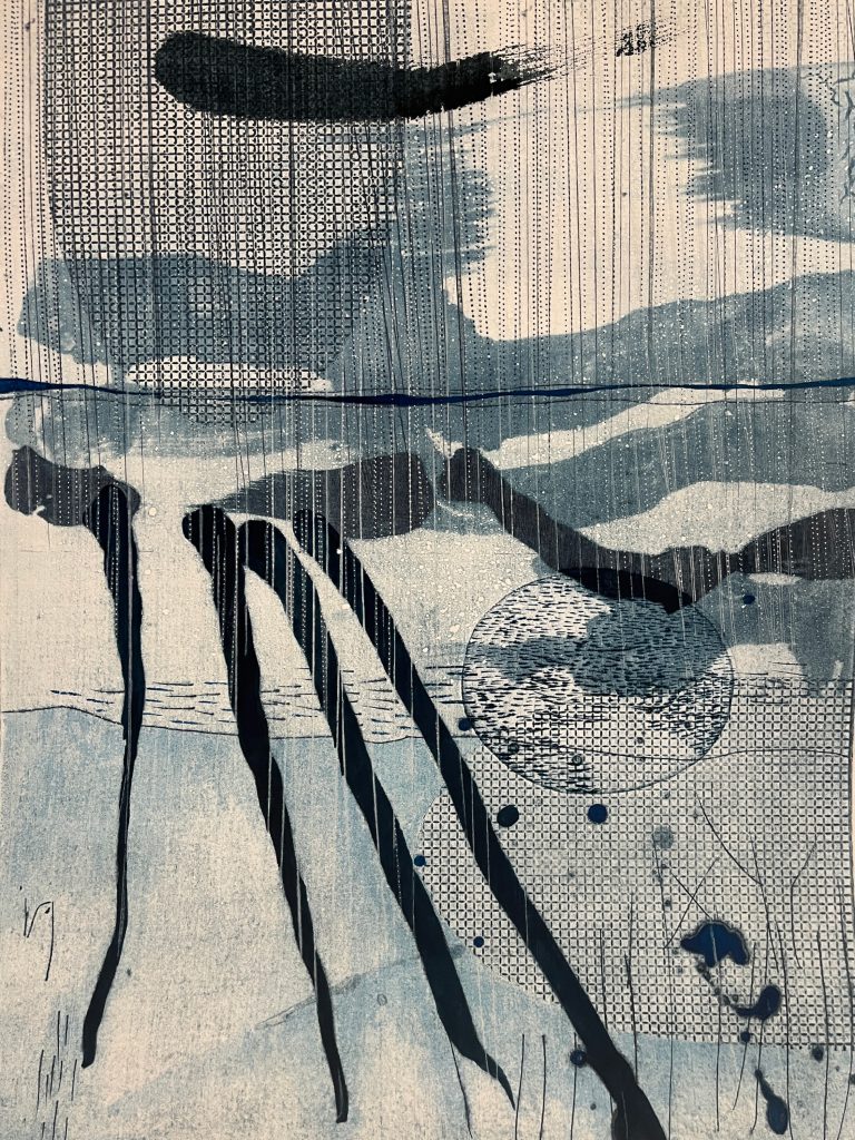 An abstract landscape painting of a stormy coastal area.