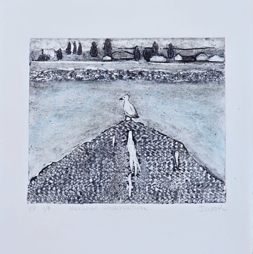 A painting of a silver gull looking at the harbour by Jo Wood called 'Harbour Observer.'