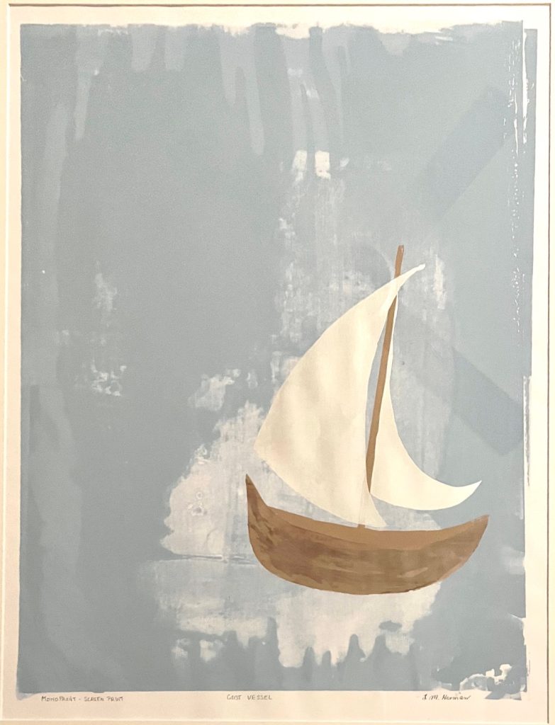 A painting of a ship on an abstract blue background.