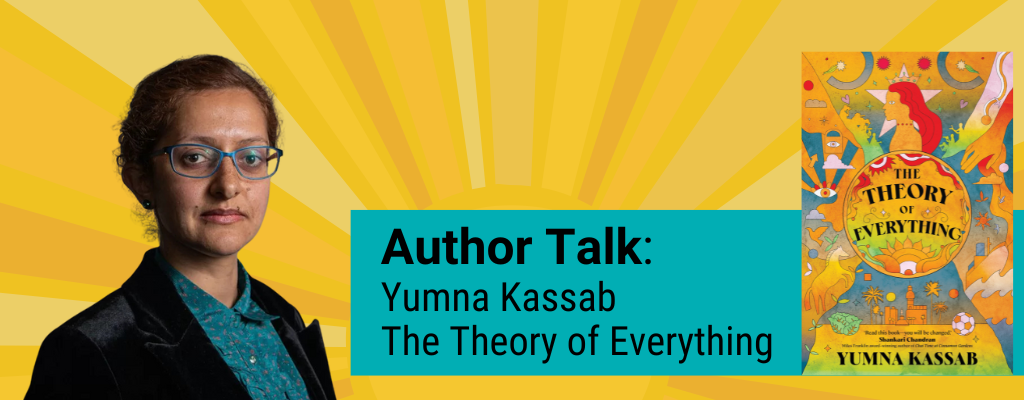 Golden coloured banner with a picture of Yumna Kassab and an image of her book The Theory of Everything