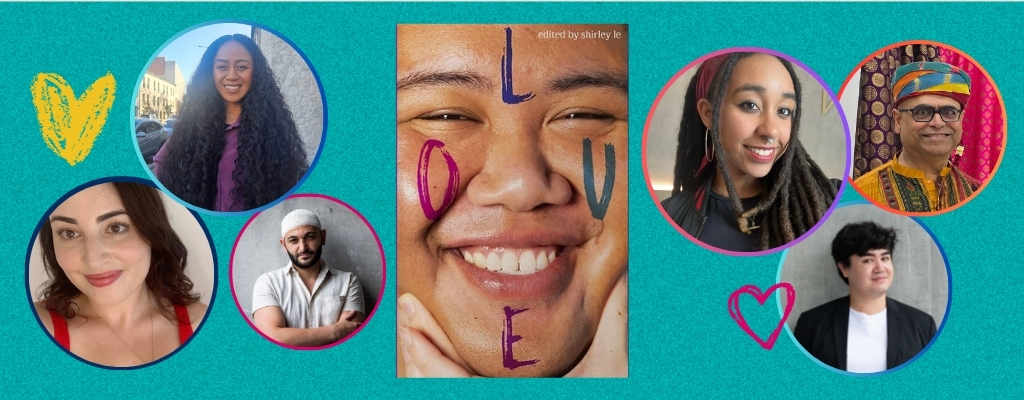 Six people in circular frames surround a book cover titled LOVE with a smiling face on the cover.