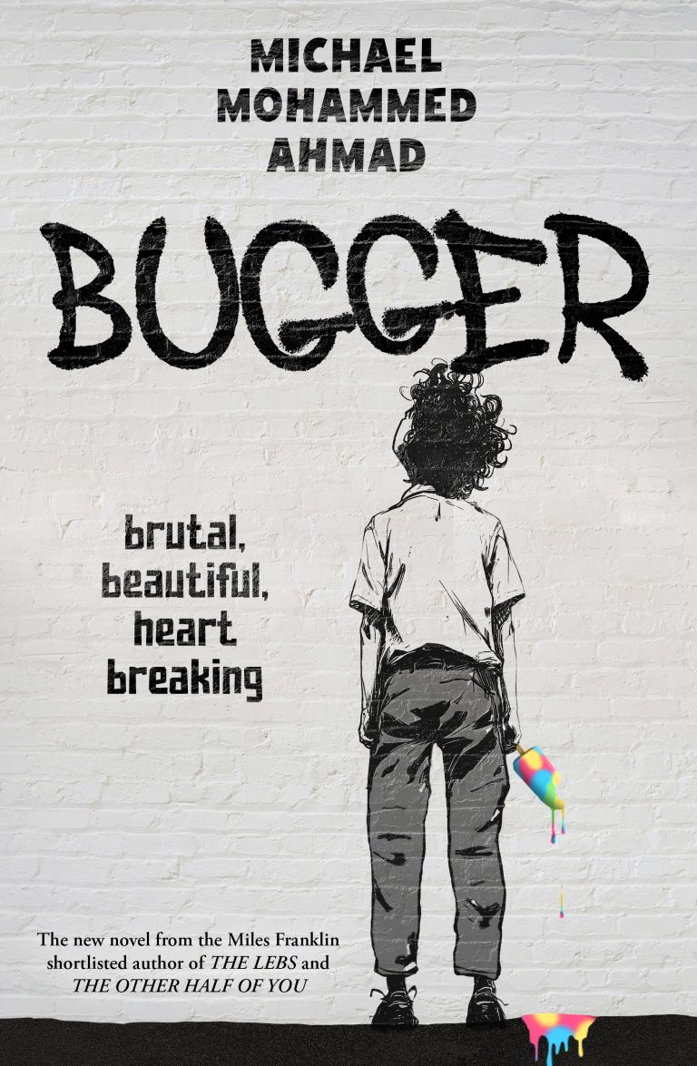 Book cover for Bugger by Michael Mohammed Ahmad showing a figure standing with their back to the viewer holding a dripping rainbow icecream