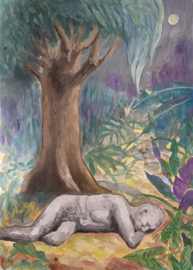 Colour artwork of a person laying beneath a tree. Title: Piedras-Platas. By Ronald Atilano