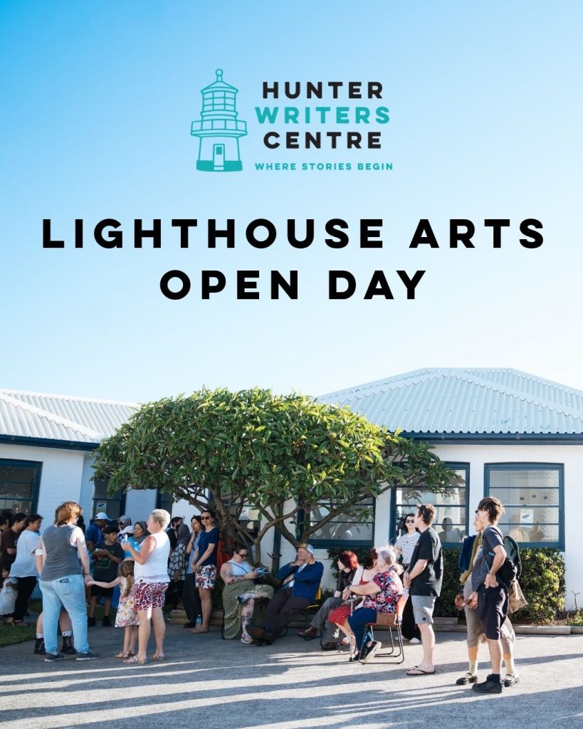 A crowd at outside the lighthouse. Text reads Lighthouse Arts Open Day.
